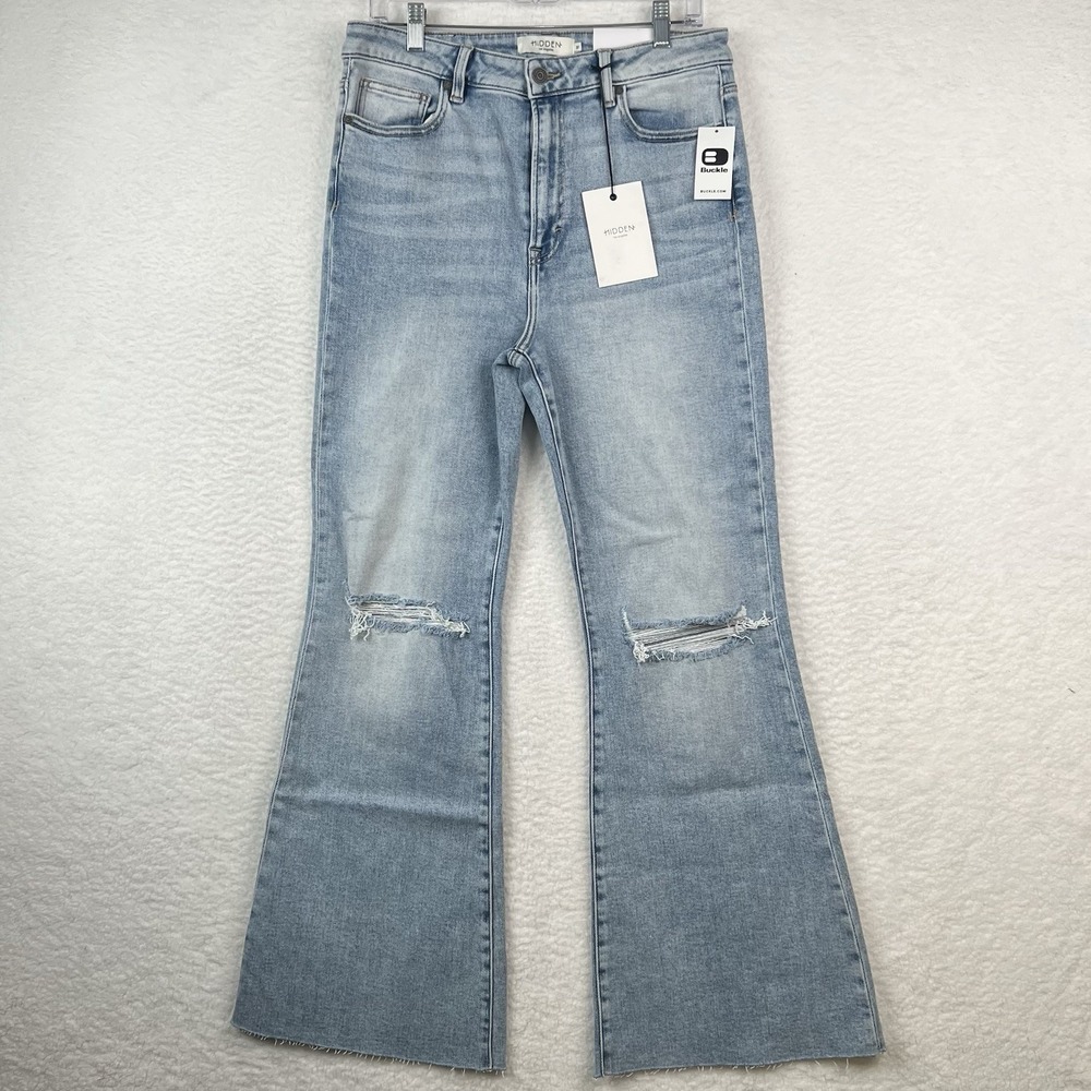 NWT Hidden Jeans Happi High Rise Flare Women's 31 Light Wash Distressed Raw Hem